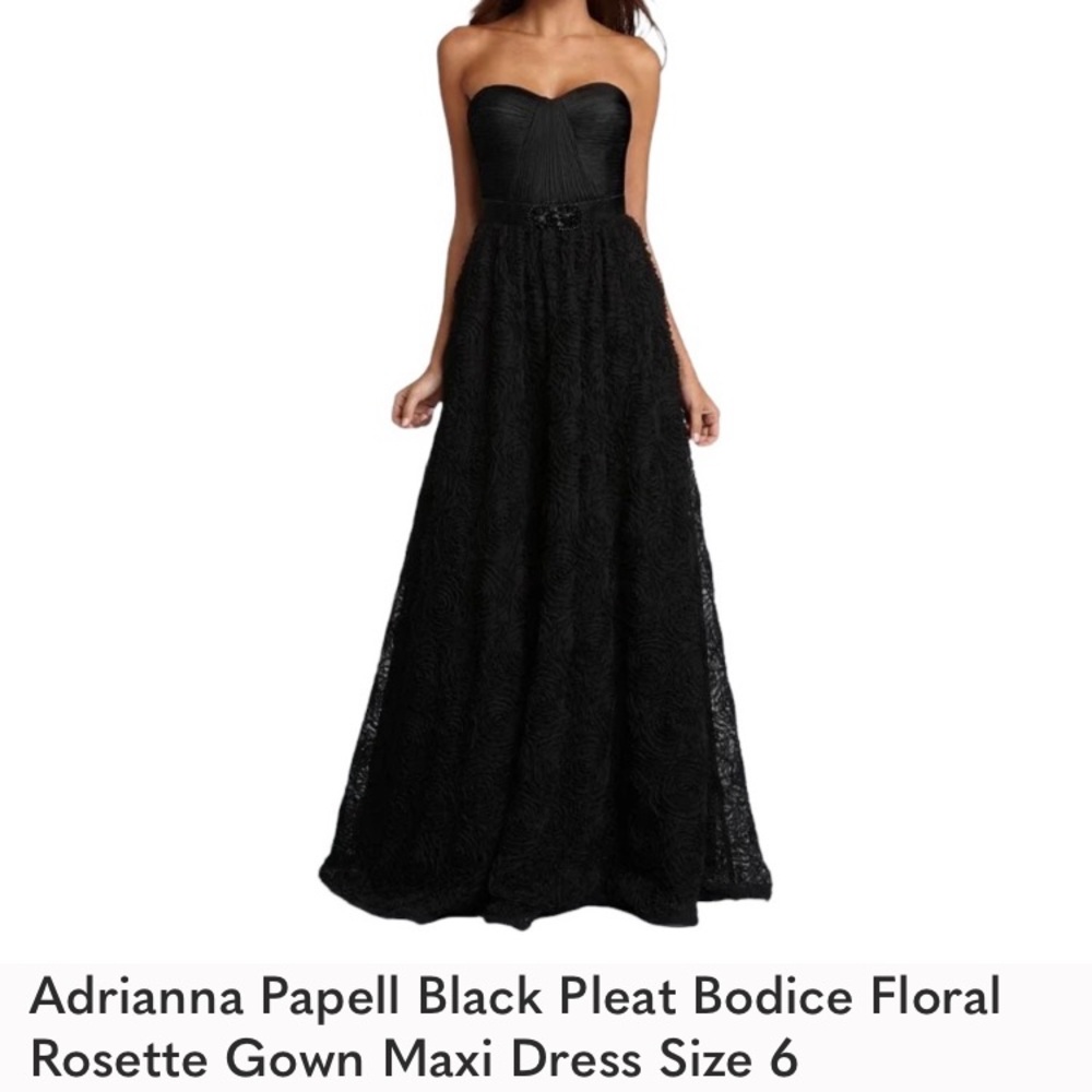 Adrianna Papell Black Pleat Bodice Floral Rosette Gown Maxi Dress Size 6